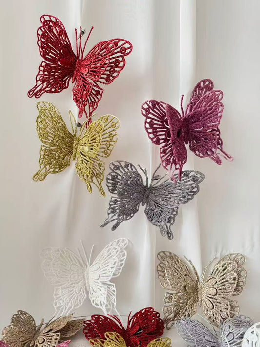 9-Piece Christmas Butterfly Decor Set 3D Glitter Double-Layer Hollow - TreeWallWreath Decor + 9 Clips