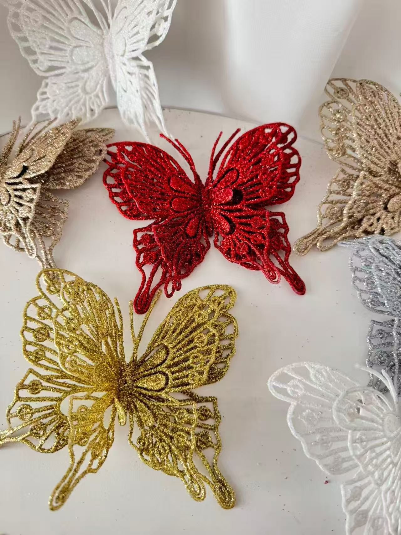 9-Piece Christmas Butterfly Decor Set 3D Glitter Double-Layer Hollow - TreeWallWreath Decor + 9 Clips