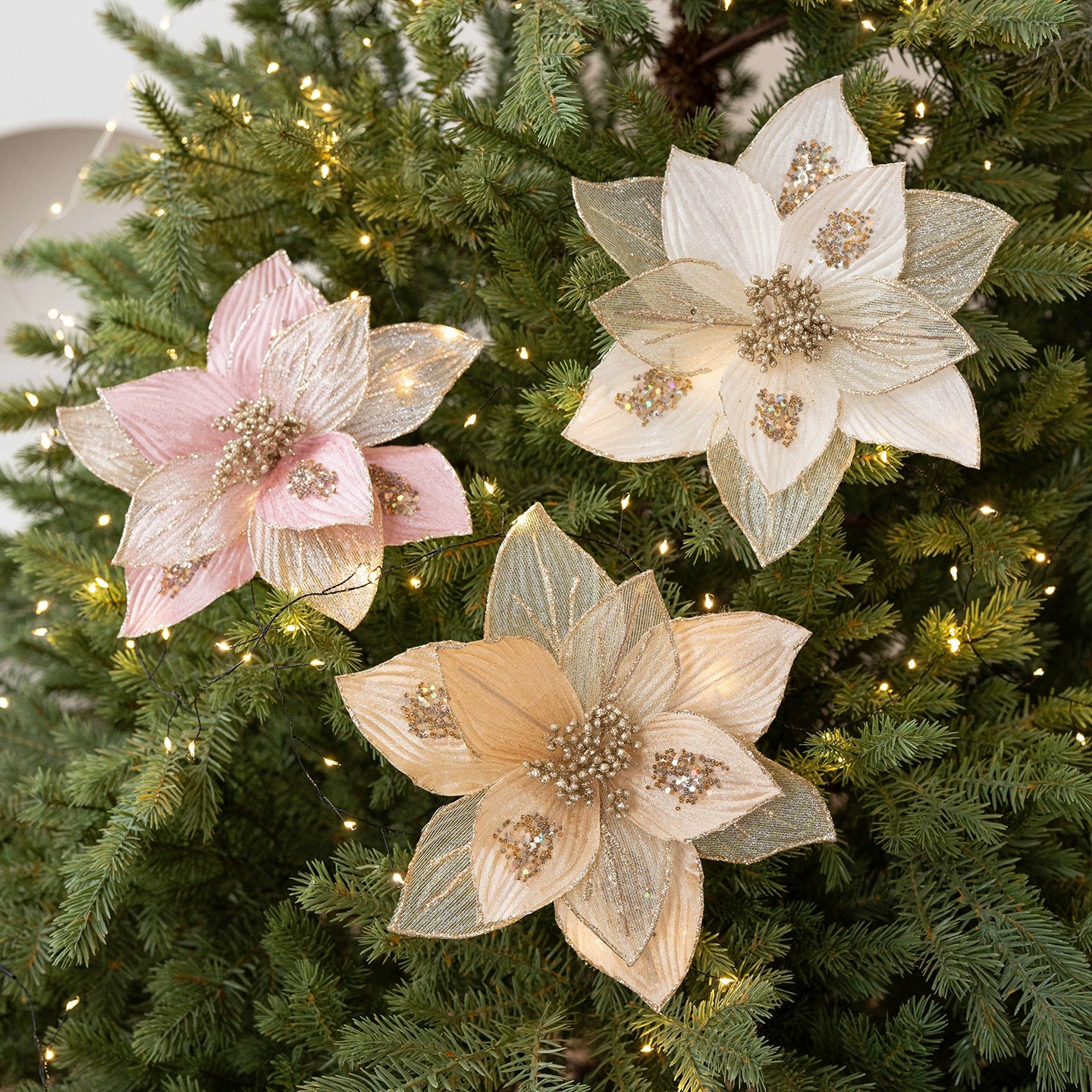 9.84 Inches Glittery Poinsettia Christmas Tree Ornaments - Gold & Pink Faux Velvet & Mesh Flowers