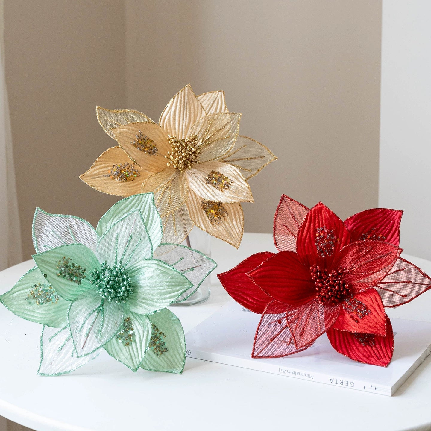 9.84 Inches Glittery Poinsettia Christmas Tree Ornaments - Gold & Pink Faux Velvet & Mesh Flowers