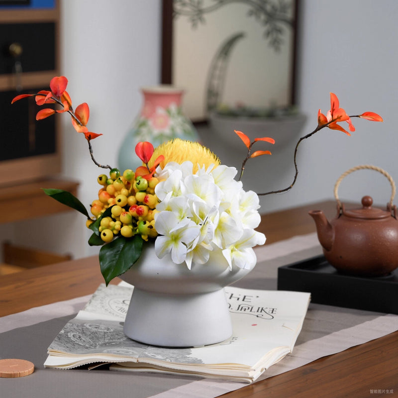 9.8 Inch Artificial Flower Bouquet with Ceramic Vase, 1 Pc, Classic Luxury Design for Restaurant and Bar Decor