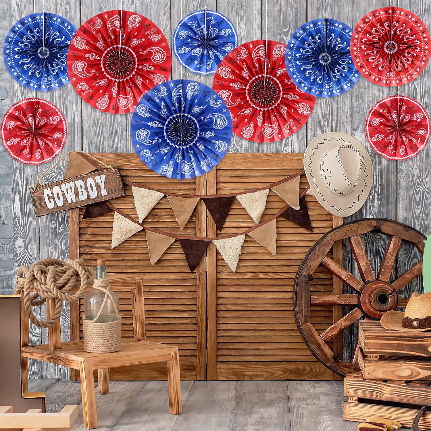 Bulk 18 Pcs Wild West Bandana Paper Fans Western Themed Decor for Parties and Classroom Displays Wholesale