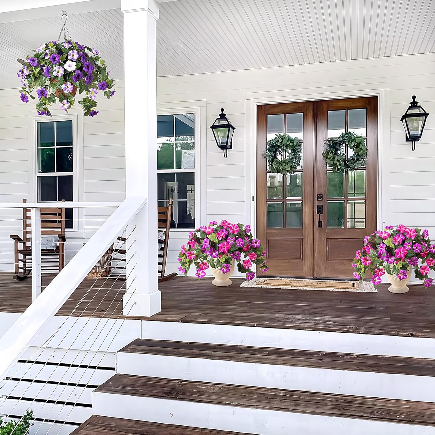 Premium Artificial Petunias with UV Resistant Flowers 2 Fade Proof Faux Plants Outdoor Porch Garden Balcony Patio Decor