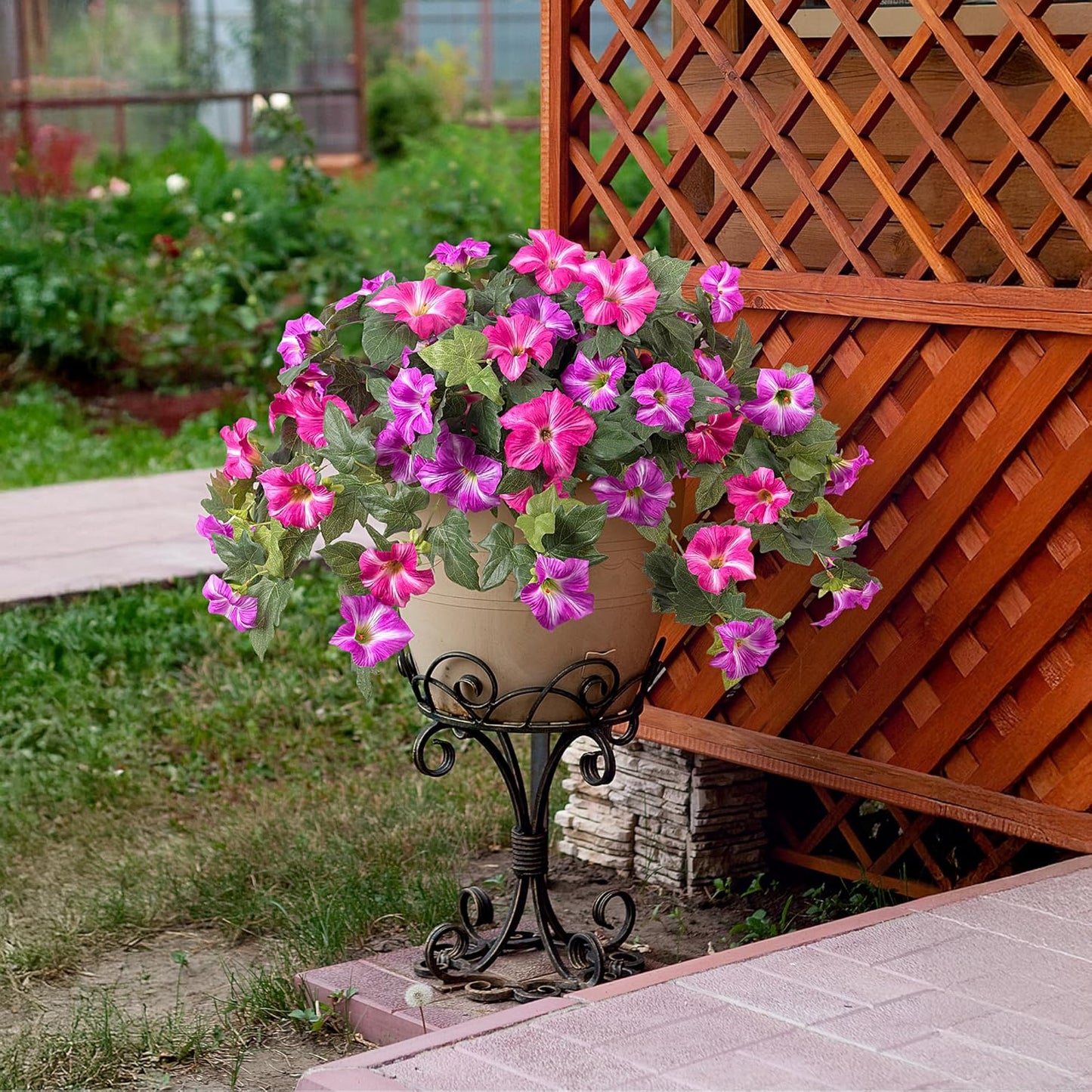 Premium Artificial Petunias with UV Resistant Flowers 2 Fade Proof Faux Plants Outdoor Porch Garden Balcony Patio Decor