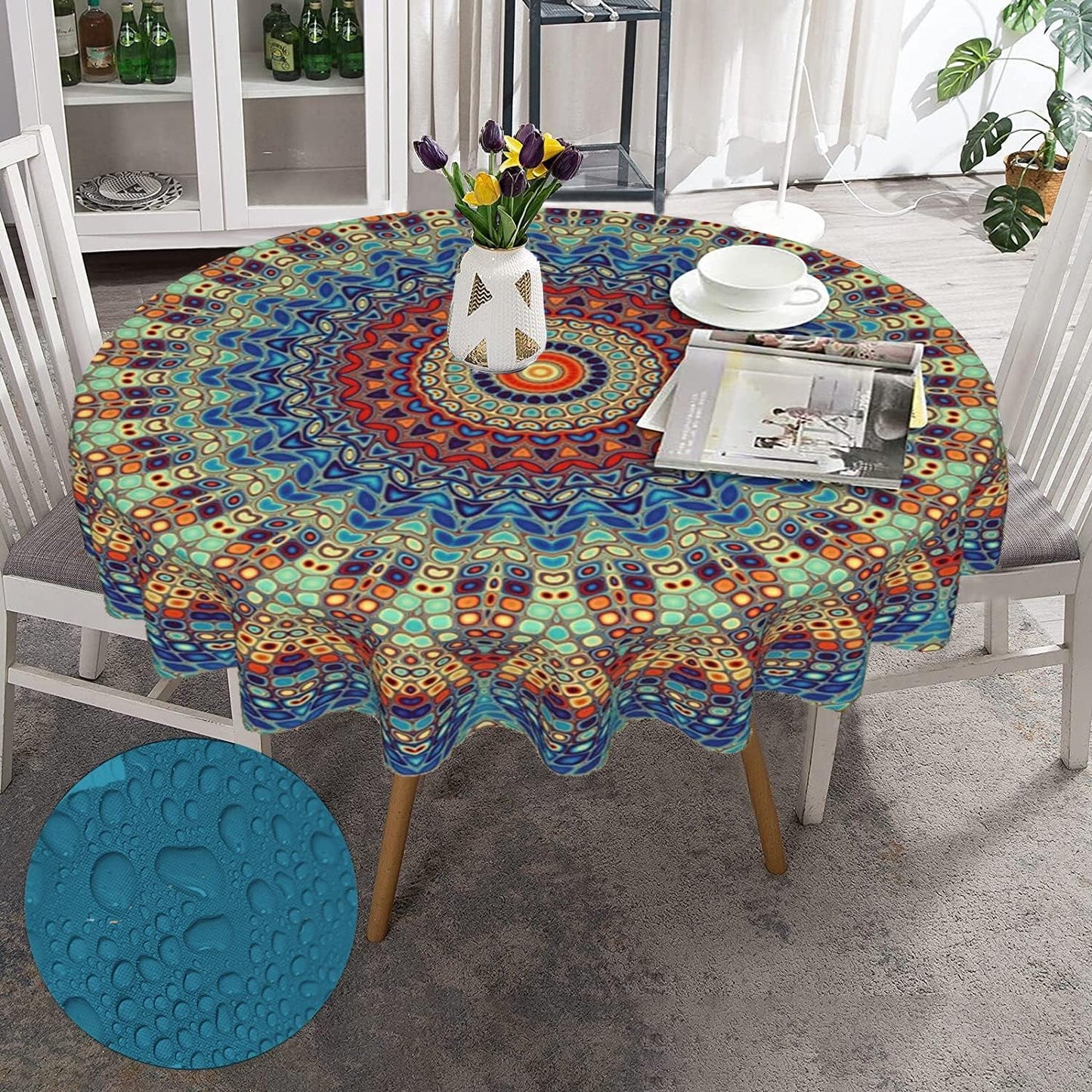 Bulk 60 Inch Round Tablecloth Stain Resistant Polyester Table Cover for Kitchen Dining Buffet Parties and Camping Mandala Design Wholesale