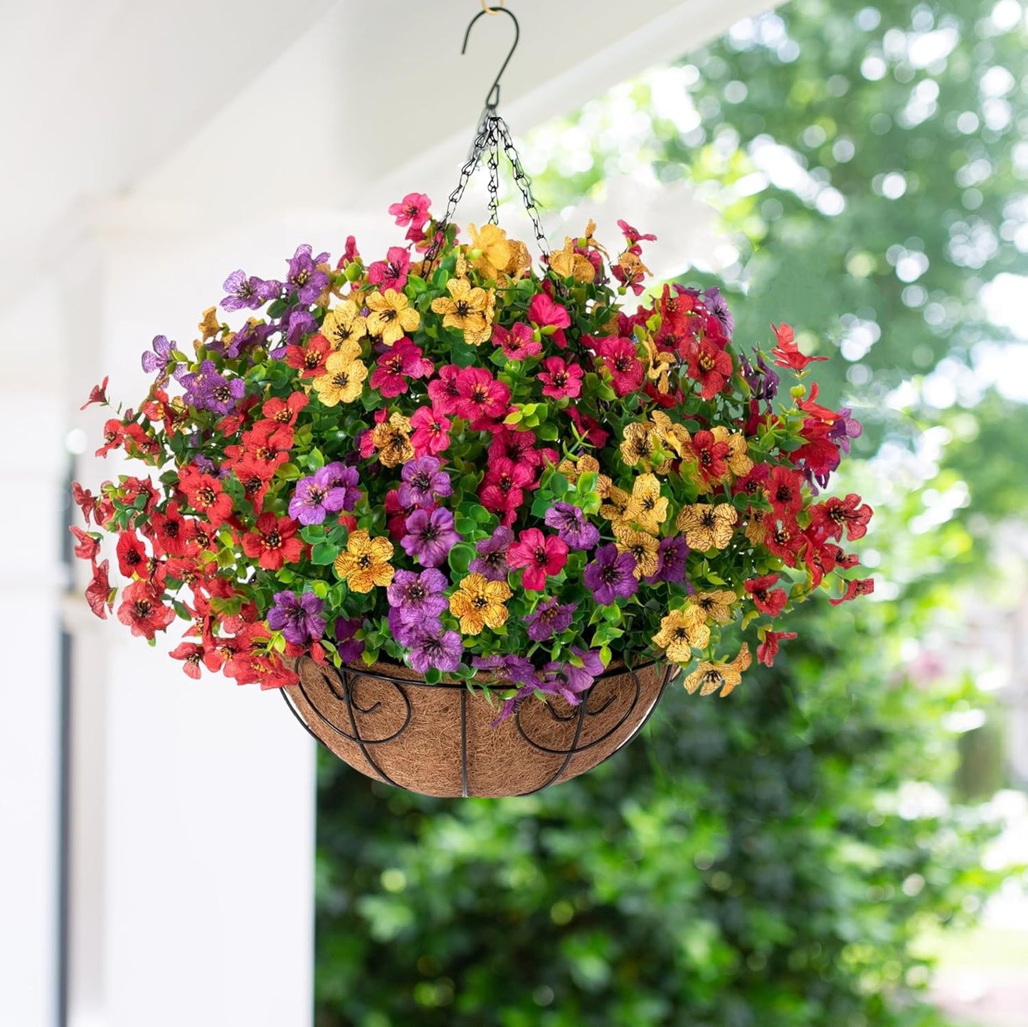 Premium Artificial Hanging Flower Basket UV-Resistant Silk Daisy Eucalyptus Outdoor Porch Patio Balcony Yard All-Weather 3D Pistil