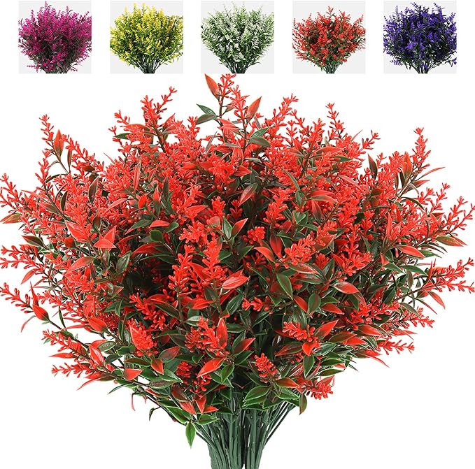 8 Bundles Artificial Lavender Stems, 12 Inch UV-Resistant Silk Flowers, Vibrant Purple, Flexible Fade-Resistant Shrubs for Outdoor & Wedding Decor