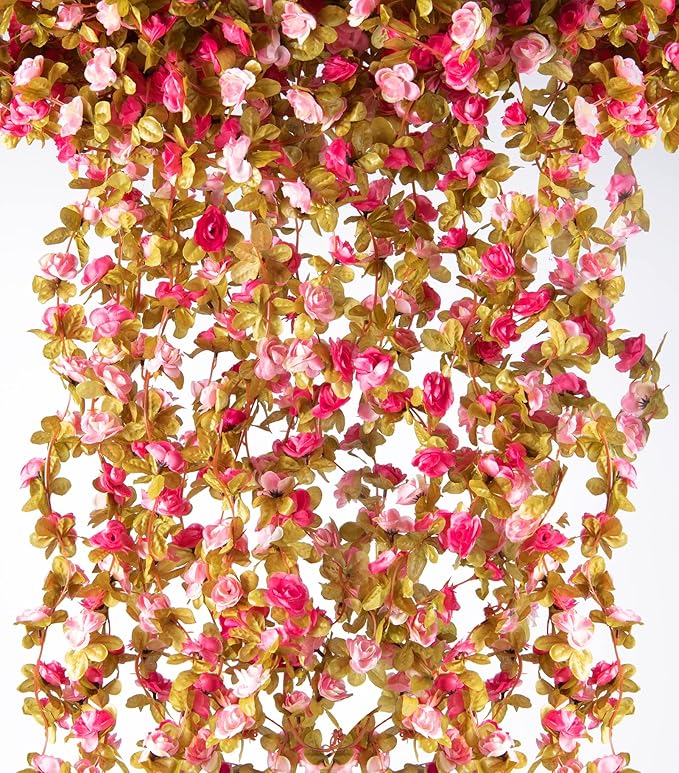 45 Pcs Artificial Rose Vine Garland 66 FT Pink Flowers with Green Leaves Flexible Stems for Wedding Decor
