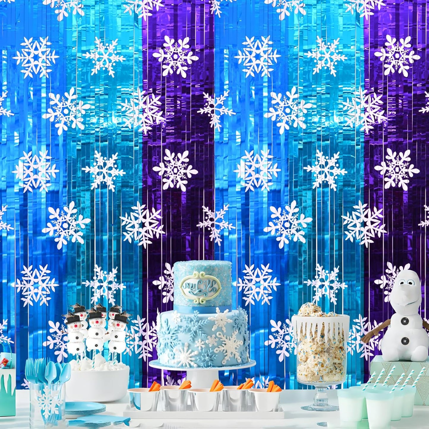 Bulk 2 Pcs Winter Wonderland Party Decor Metallic Foil Snowflake Backdrop Curtains for Girls' Birthday Celebration Wholesale