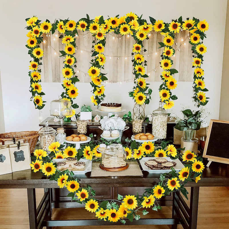 7.5ft Artificial Sunflower Garland 7 Stems Silk Flowers with Green Leaves Outdoor Indoor Decor
