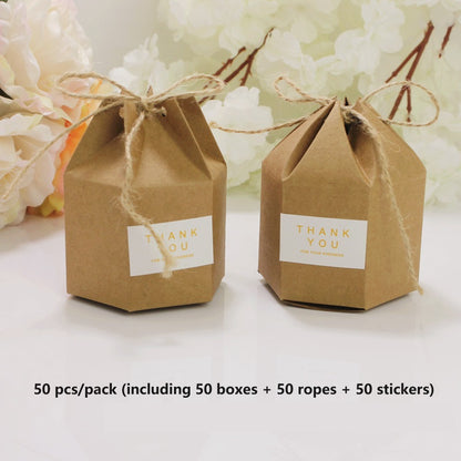 Bulk 50 Pack Gift Boxes Hexagon Kraft Package Box with Wrap Gift for Wedding Birthday Party Candy Chocolate Packing Wholesale