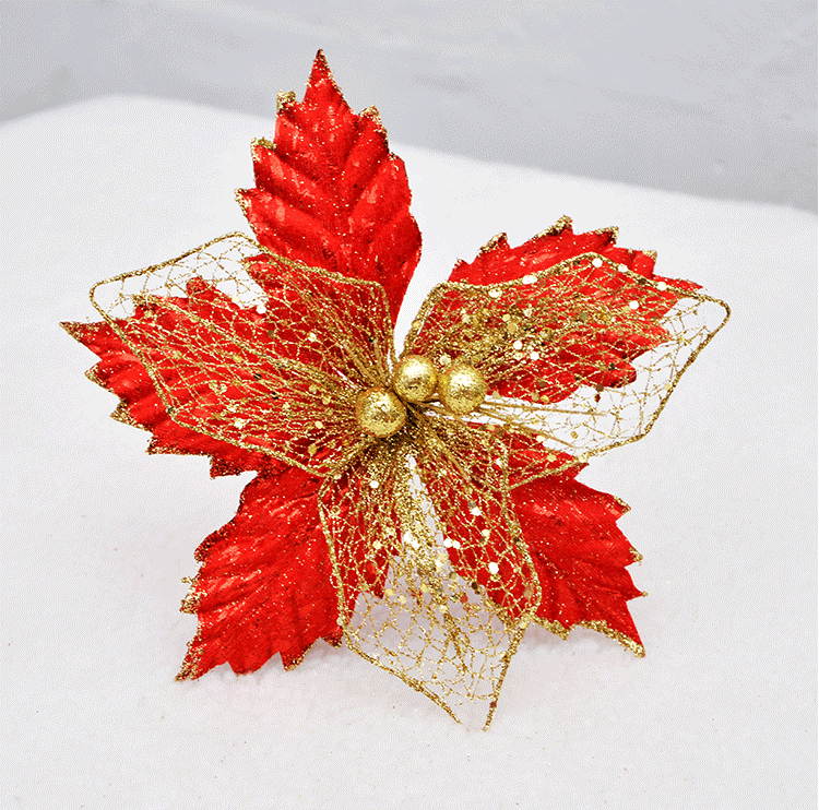 8 Inch Artificial Poinsettia Picks with Glitter and Sequins, 10 Pcs Christmas Flower Ornaments for Tree Decoration