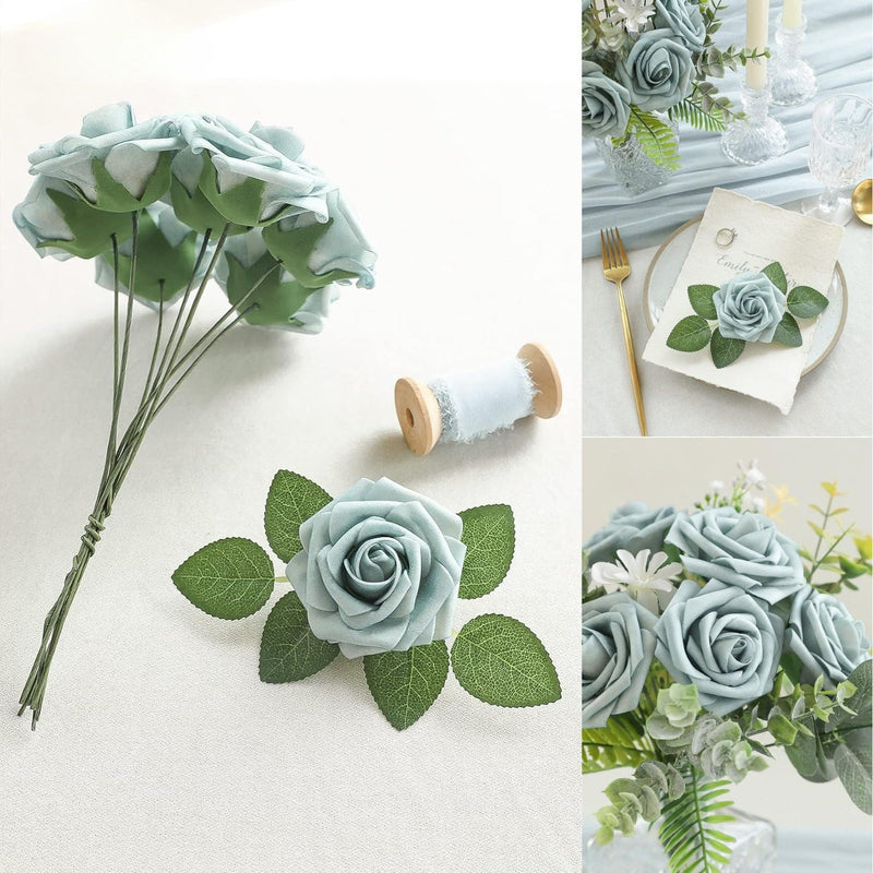 25 Pcs Artificial Foam Roses with Bendable Stems, 12 Inch, Ivory White Purple for DIY Wedding Bouquets and Centerpieces