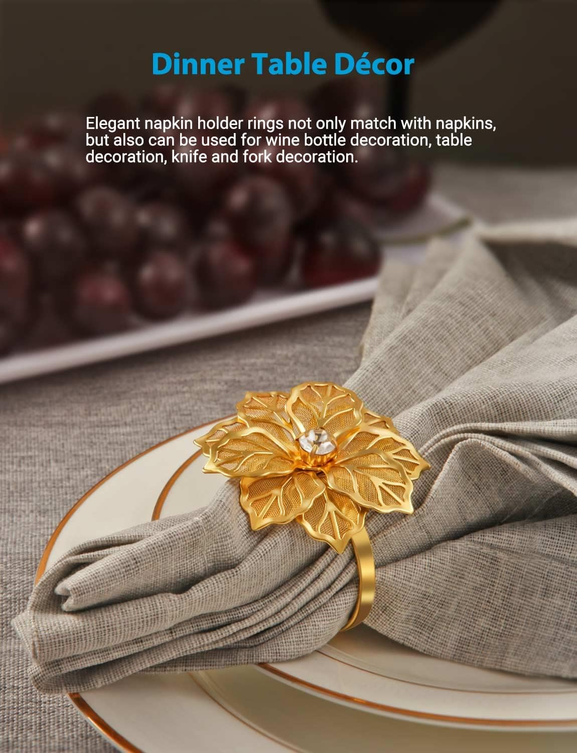 Premium 10 Pack Heavy Duty Metal Rose Napkin Rings Electroplated Wedding Banquet Decor Christmas Anniversary Table Settings