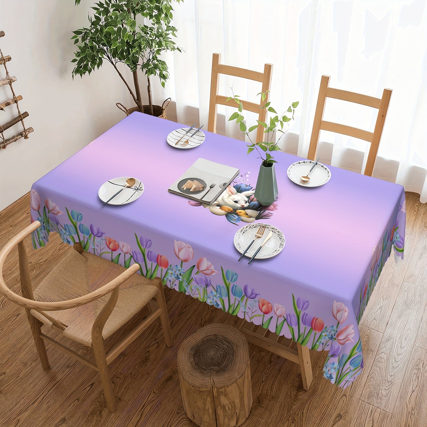 Bulk Spring Rabbit Tulip Printed Tablecloth Stain Resistant Waterproof Embossed Edge Technology Easter Purple Flower Decor Perfect for Events Parties Wholesale