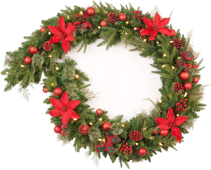 9 Ft Poinsettia Christmas Garland with 50 LED Lights, Battery Operated, Pre-lit Artificial Flower Decoration