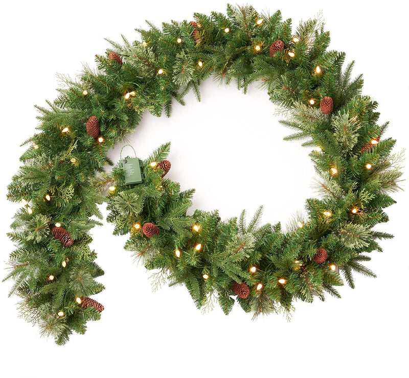 9 Ft Poinsettia Christmas Garland with 50 LED Lights, Battery Operated, Pre-lit Artificial Flower Decoration