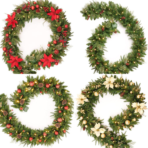 9 Ft Poinsettia Christmas Garland with 50 LED Lights, Battery Operated, Pre-lit Artificial Flower Decoration