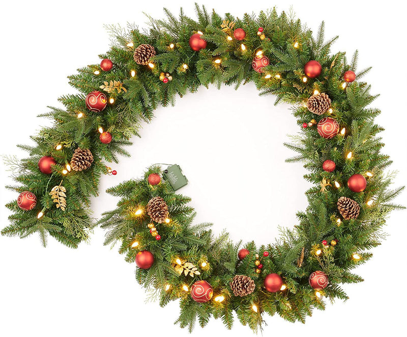 9 Ft Poinsettia Christmas Garland with 50 LED Lights, Battery Operated, Pre-lit Artificial Flower Decoration
