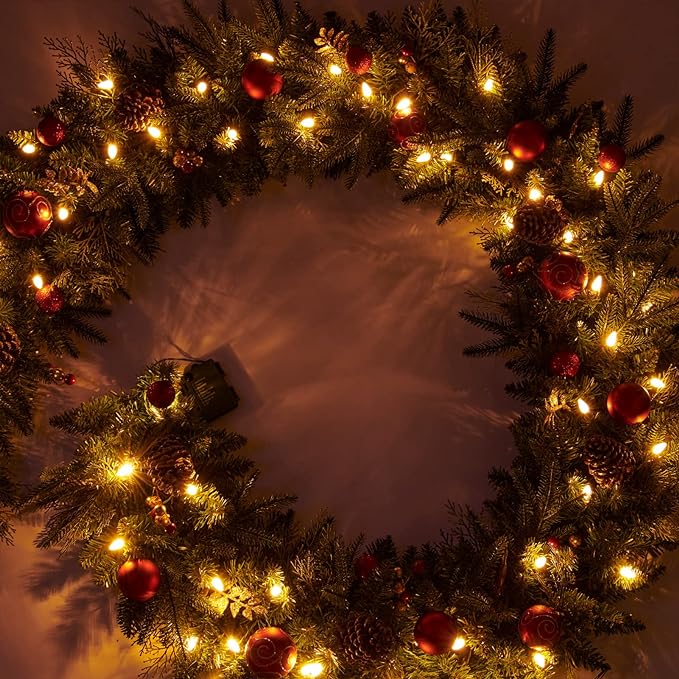 9 Ft Poinsettia Christmas Garland with 50 LED Lights, Battery Operated, Pre-lit Artificial Flower Decoration