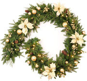 9 Ft Poinsettia Christmas Garland with 50 LED Lights, Battery Operated, Pre-lit Artificial Flower Decoration
