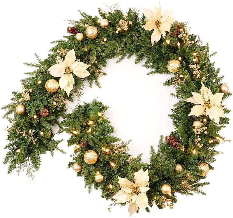 9 Ft Poinsettia Christmas Garland with 50 LED Lights, Battery Operated, Pre-lit Artificial Flower Decoration