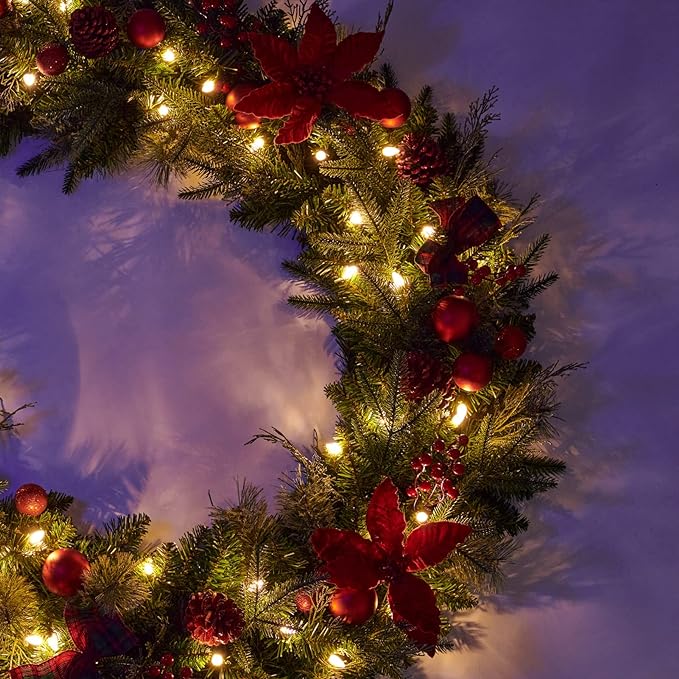 9 Ft Poinsettia Christmas Garland with 50 LED Lights, Battery Operated, Pre-lit Artificial Flower Decoration