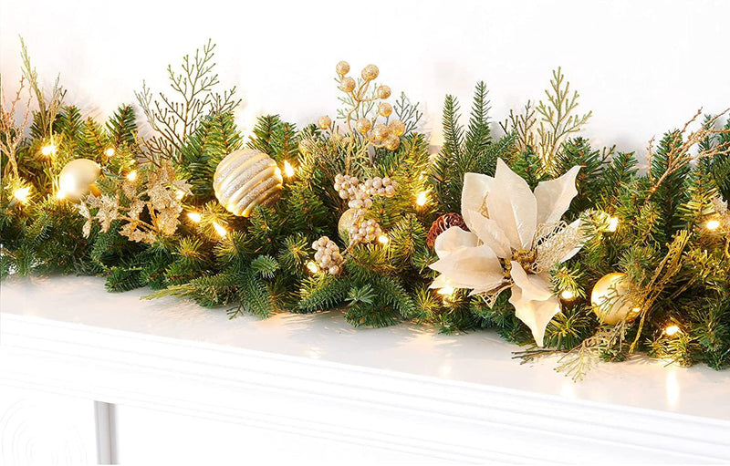 9 Ft Poinsettia Christmas Garland with 50 LED Lights, Battery Operated, Pre-lit Artificial Flower Decoration