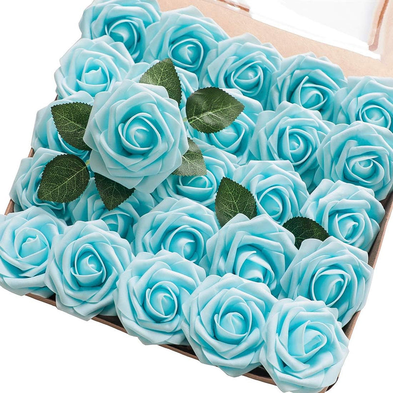 25 Pcs Artificial Foam Roses with Bendable Stems, 12 Inch, Ivory White Purple for DIY Wedding Bouquets and Centerpieces
