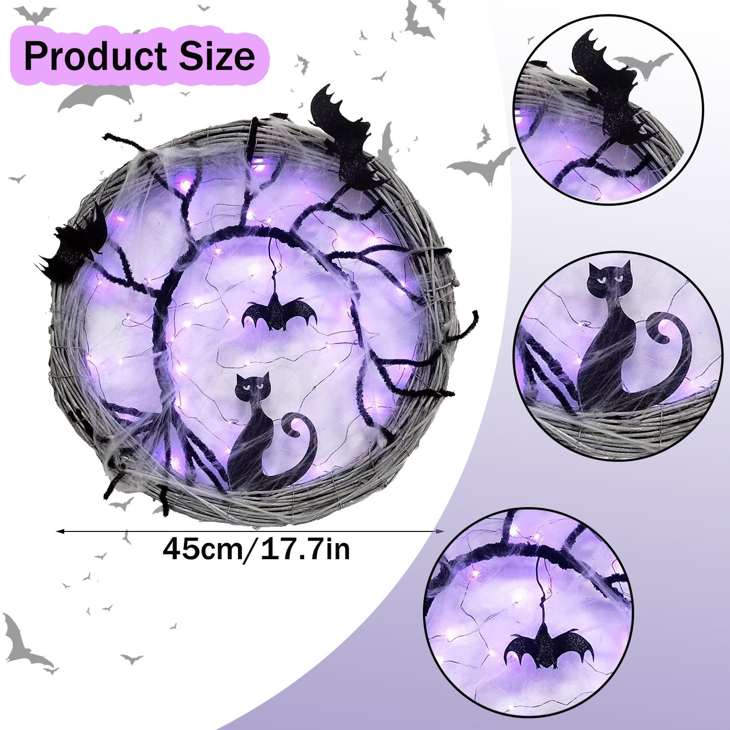 Bulk 2 Pcs LED Halloween Wreath - Spooky Black Bat and Cat Decorations for Home and Party Decor Wholesale