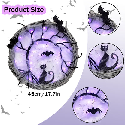 Bulk 2 Pcs LED Halloween Wreath - Spooky Black Bat and Cat Decorations for Home and Party Decor Wholesale