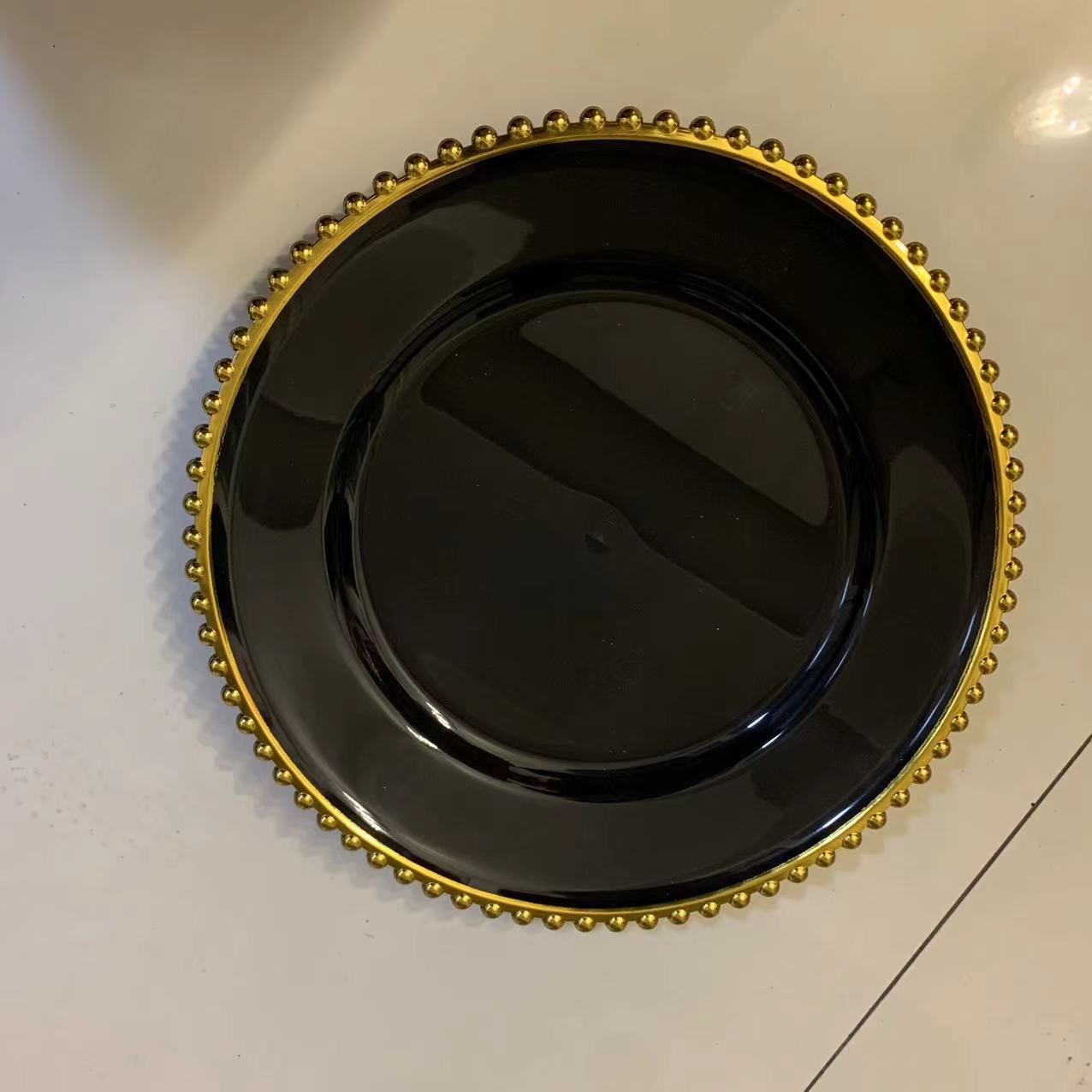 Bulk 100 Pcs Plastic Charger Plates 13" Gold Bead Rim Round Tableware for Wedding Party Event Decor Wholesale