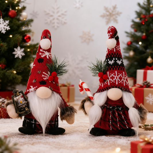 Christmas Gnome Decor - Knitted Bent Hat & Candy Cane Design Standing Figurine