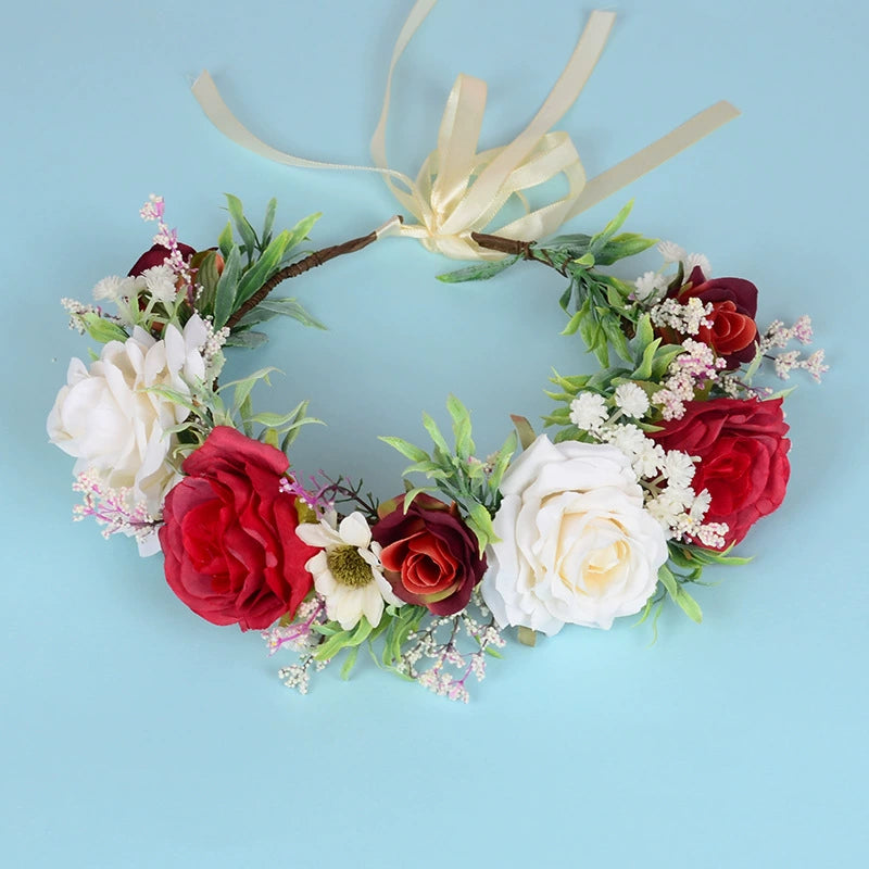 Adjustable Boho Fabric Rose Flower Crown Headband for Brides