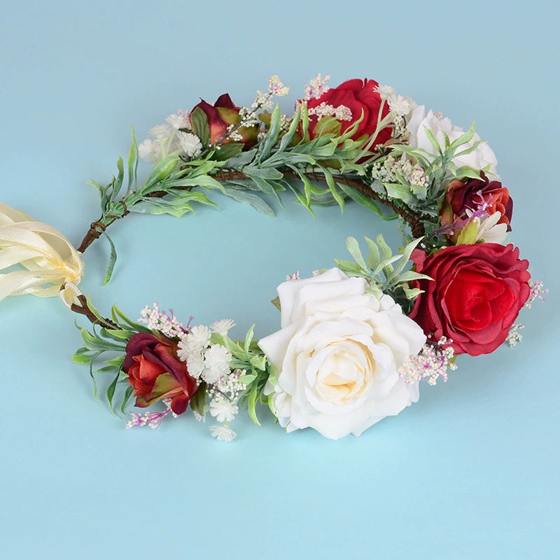 Adjustable Boho Fabric Rose Flower Crown Headband for Brides