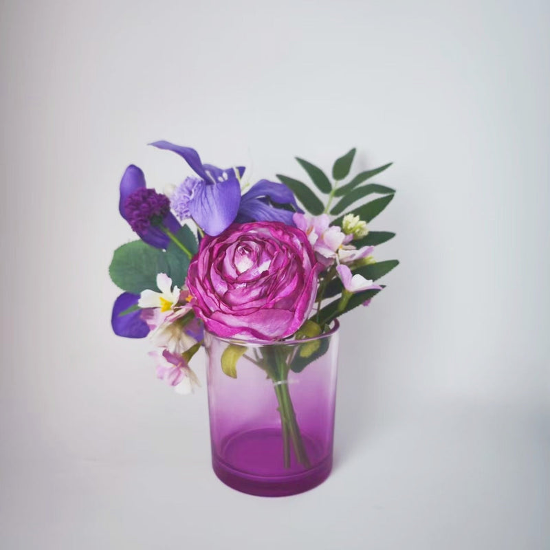 8 Inch Amethyst Artificial Garden Foliage Floral Arrangement in Glass Vase Bulk Set