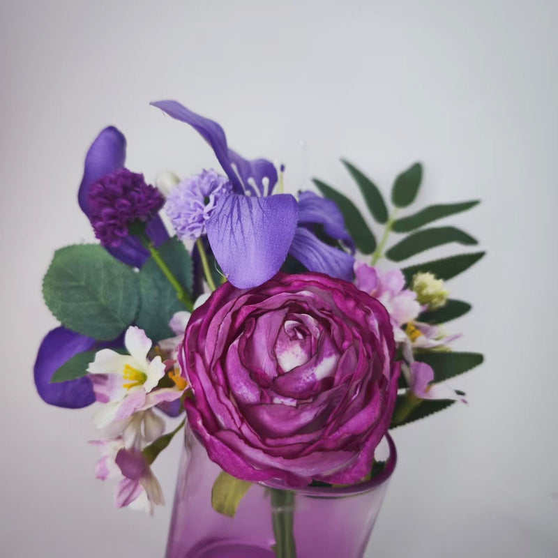 8 Inch Amethyst Artificial Garden Foliage Floral Arrangement in Glass Vase Bulk Set
