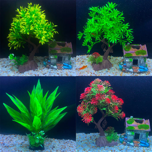 Artificial Aquarium Plants 10 Pcs Green Tree Decorations, 6 Inch, Plastic