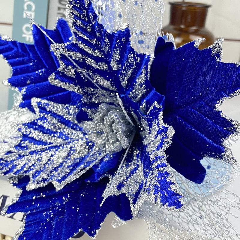 5 Pcs 10 Inch Artificial Poinsettia Stems with Glitter Christmas Flowers Bulk Floral Decorations