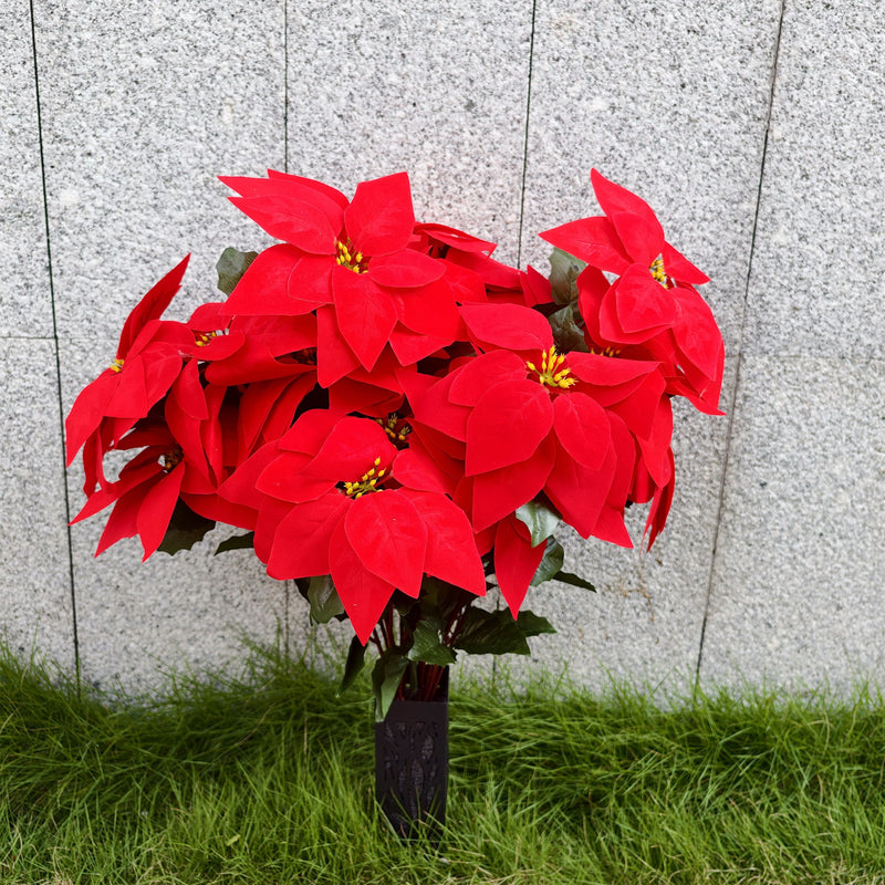 24-Inch Artificial Red Velvet Poinsettia with Vase, 24 Heads, UV Resistant Outdoor Memorial Flowers Bulk