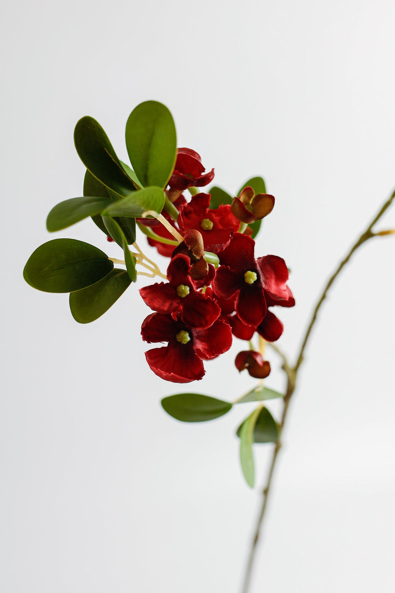 Faux Greenery Branch with Flowers, Artificial Silk Floral Stem, 18 Inch, Green