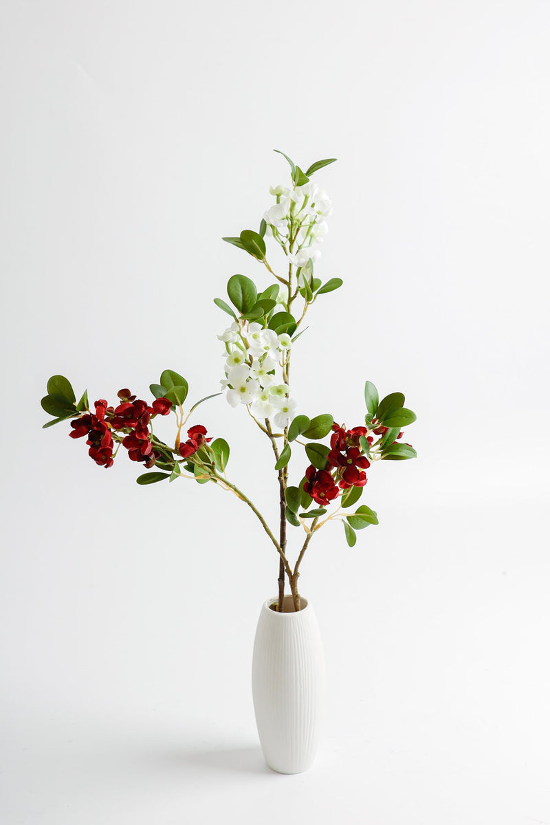 Faux Greenery Branch with Flowers, Artificial Silk Floral Stem, 18 Inch, Green