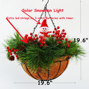 Pre-Lit Artificial Christmas Flowers Hanging Basket with Snowman Solar Lights for Indoor Outdoor Use