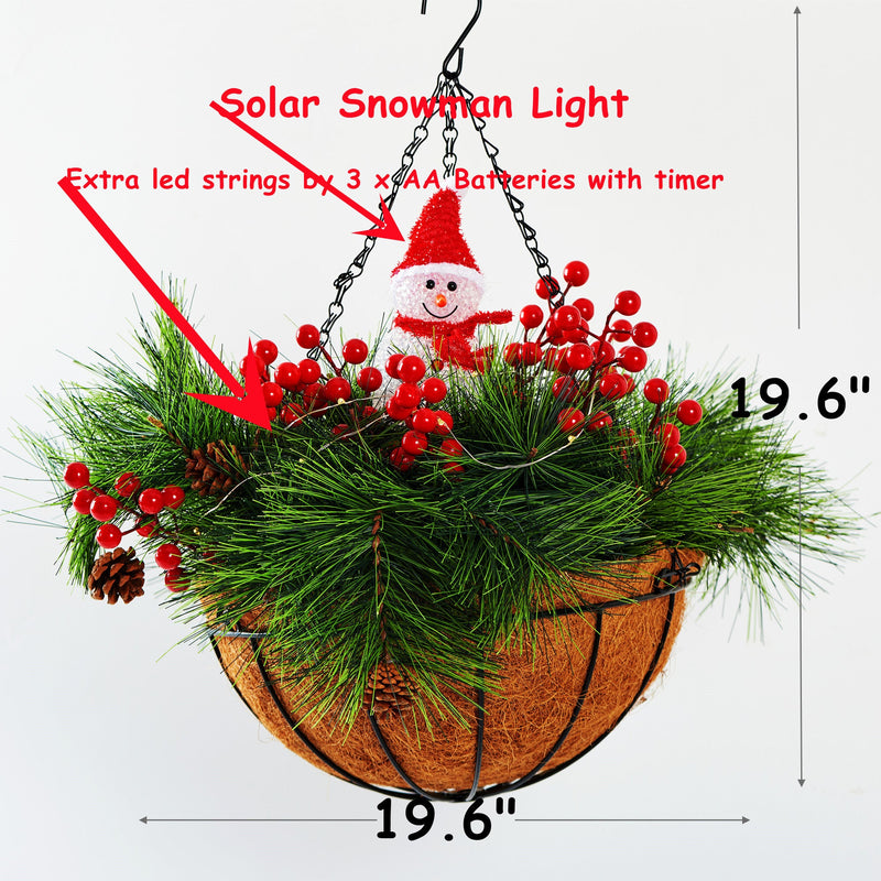Pre-Lit Artificial Christmas Flowers Hanging Basket with Snowman Solar Lights for Indoor Outdoor Use