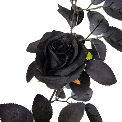 70 Inch Halloween Black Artificial Rose Leaf and Golden Berry Vine Garland, 1 Pc