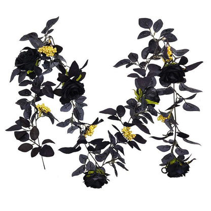 70 Inch Halloween Black Artificial Rose Leaf and Golden Berry Vine Garland, 1 Pc