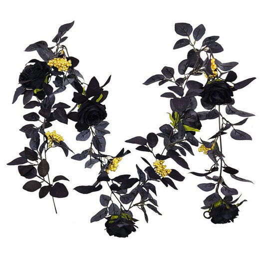 70 Inch Halloween Black Artificial Rose Leaf and Golden Berry Vine Garland, 1 Pc
