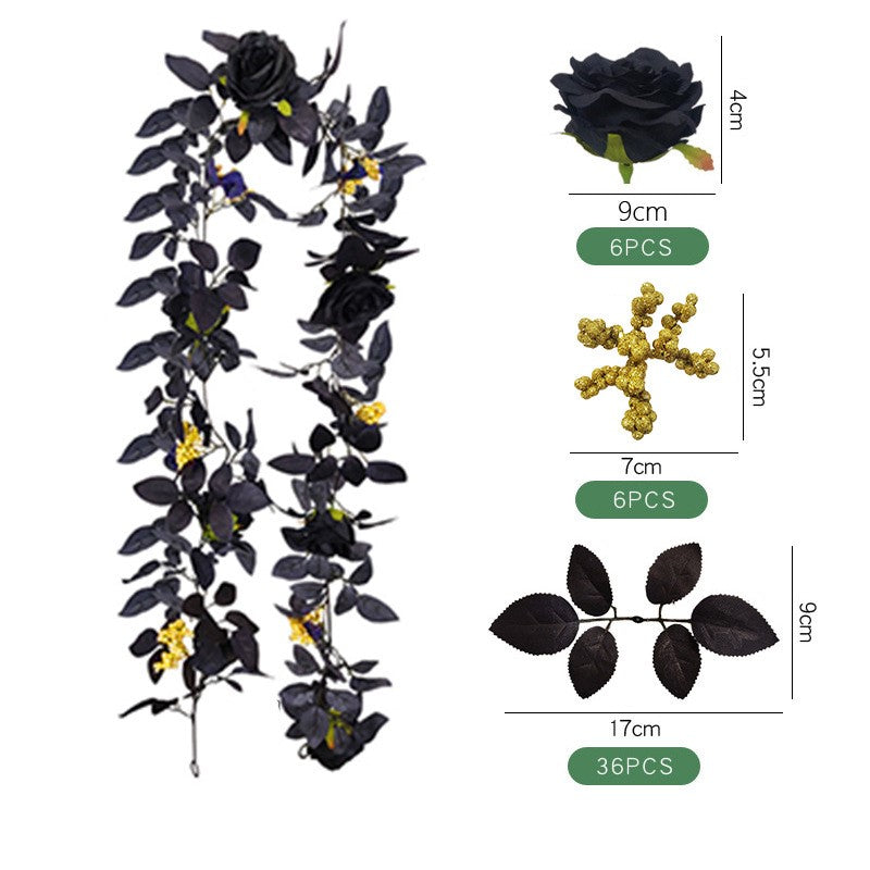 70 Inch Halloween Black Artificial Rose Leaf and Golden Berry Vine Garland, 1 Pc