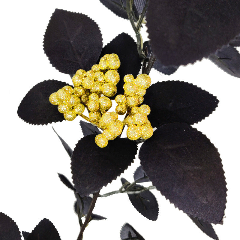 70 Inch Halloween Black Artificial Rose Leaf and Golden Berry Vine Garland, 1 Pc