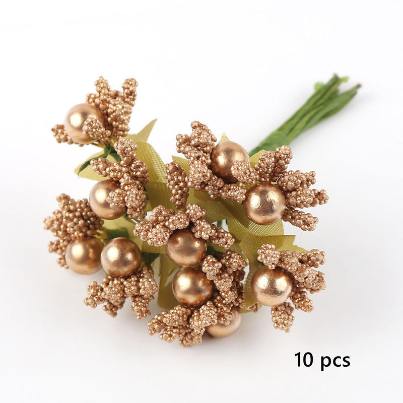 10 Pcs Golden Christmas Floral Picks with Pearls for DIY Crafts and Bridal Hair Accessories